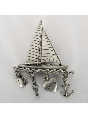 J.J. Sailboat with dangling nautical charms pewter Pin Brooch Vintage 1980's